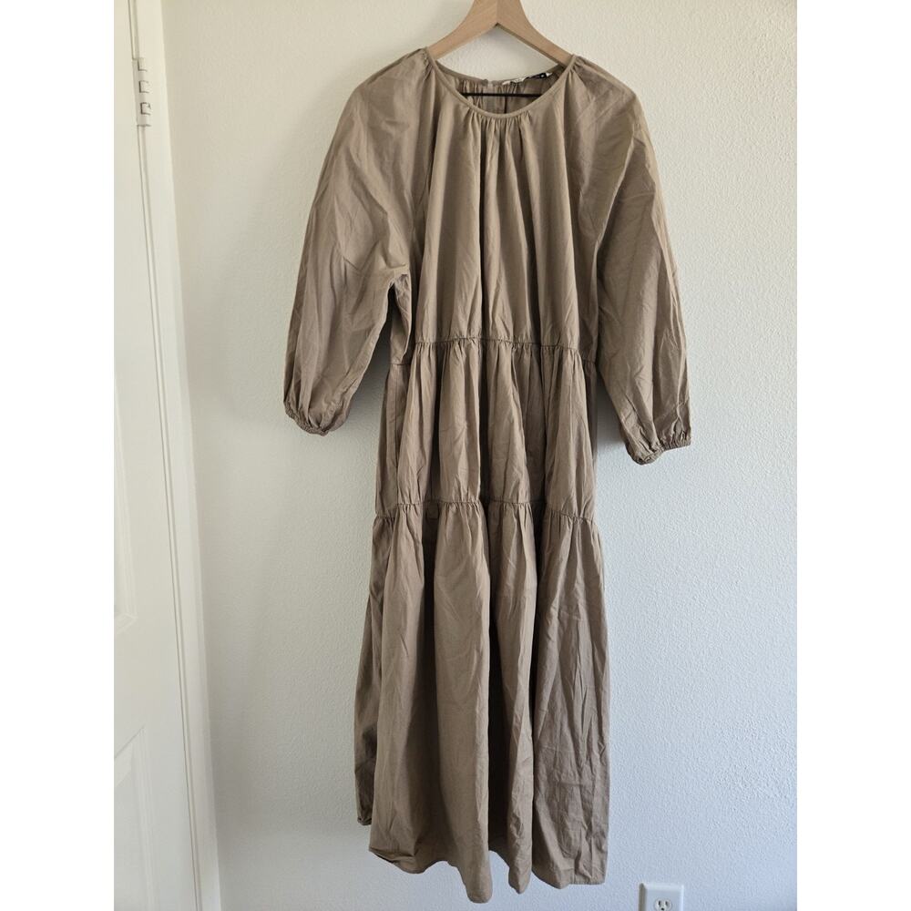 ZARA Beige Tiered Chore Maxi Dress XXL Prairie Cottage Puff Sleeve Modest Church